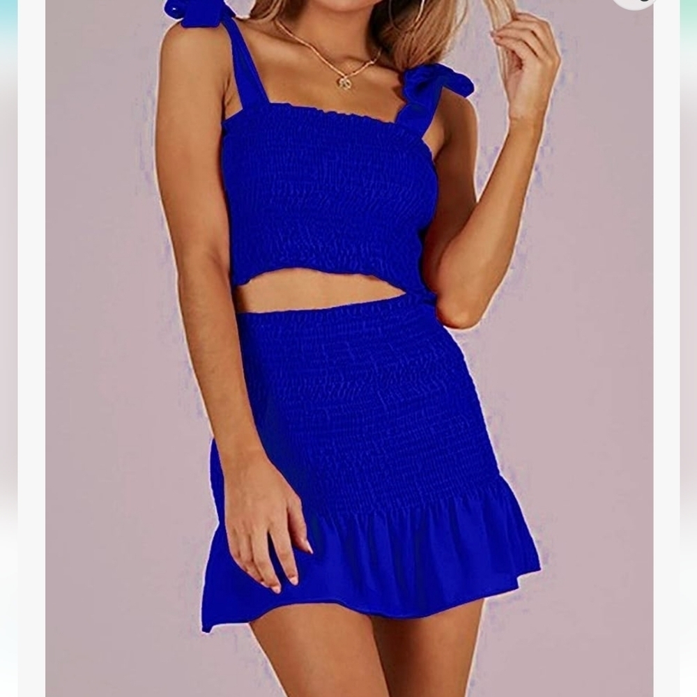 Arjungo Bohemian Bow Tie Tube Crop Top with High Waist Bodycon Skirt Blue Size L